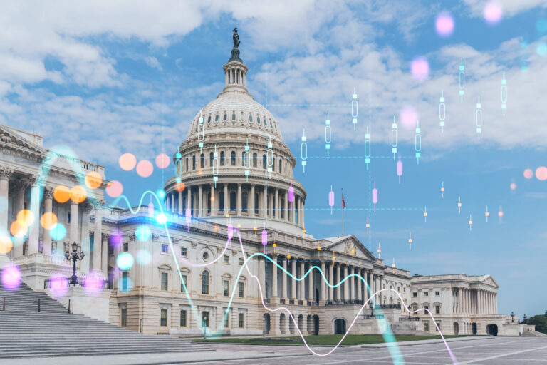 Capitol dome building exterior, Washington DC, USA. Home of Congress, Capitol Hill. American political system. Forex graph hologram